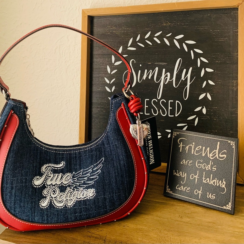 True Religion Denim Shoulder Bag with Red Trim - Picture 2 of 10